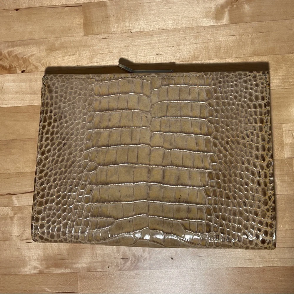 Abas Alligator Embossed Leather Frame Clutch Tan Croc Gold Clasp Evening Bag